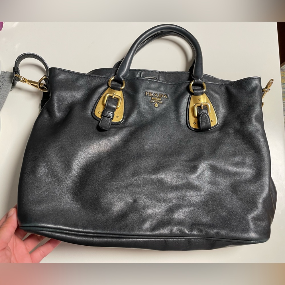 Prada Vitello Daino Tote Bluette black and gold